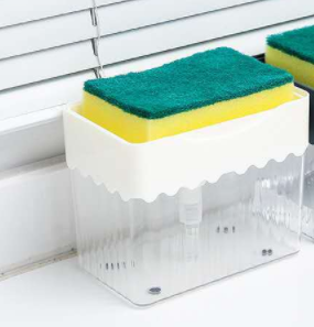Automatic detergent dosing box Sponge Caddy Pusher Type Liquid Box Sink dispenser with attached basket, you can use it to hold sponges, rags, scouring pads in a convenient place while keeping water out of kitchen counters.