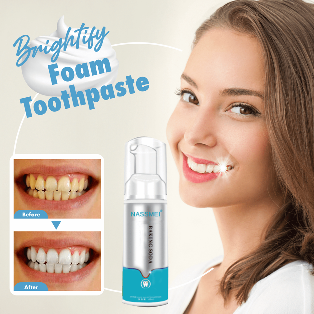 Whitening toothpaste foam.This superfine foam can effectively clean and dissolve any stains on your teeth and lighten them. It will also give you fresher breath and healthier gums! Thanks to the strong cleaning power of baking soda which penetrates into the crevices of the enamel, it eliminates food particles and the deep stains which are encrusted there.